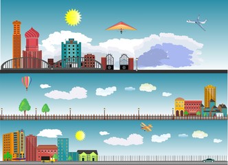 Horizontal panaromic illustration of different types of cities and rural locality on blue sky background