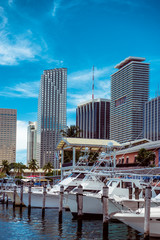 Obraz premium Luxury yachts and skyscrapers at the Bayside Marina in Miami, Florida USA.