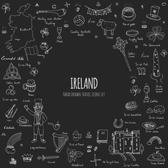 Hand drawn doodle Ireland set Vector illustration Sketchy Irish traditional food icons Republic of Ireland elements Flag Map Celtic Cross Knot Castle Leprechaun Shamrock Harp Pot of gold Travel icons