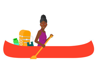 Woman riding in canoe.