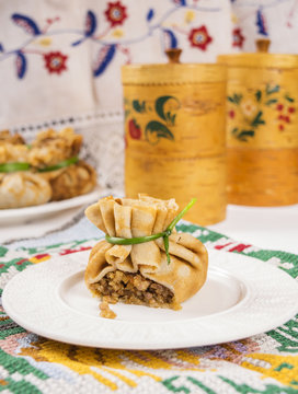 Pancakes made from rye flour, stuffed with meat 