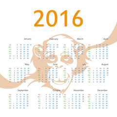 Calendar for 2016 with a monkey