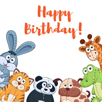 Happy birthday card with cute cartoon animals isolated on white background.  Vector illustration of adorable plush baby animals.