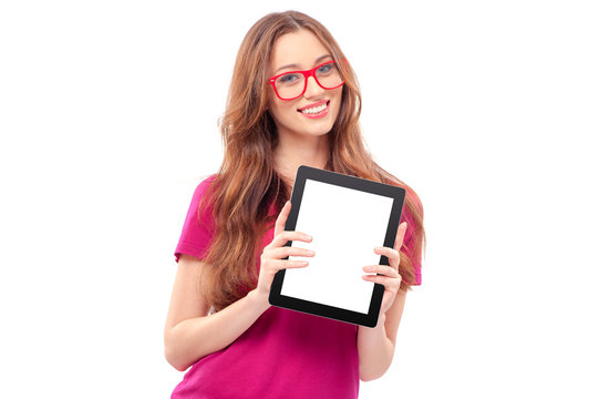 Copy space on her digital tablet. Cheerful young caucasian woman