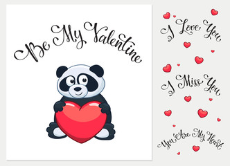 Cartoon animals with hearts. I love you. I miss you.  Be my Valentine. You are my Heart. Funny greeting card.