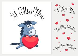 Cartoon animals with hearts. I love you. I miss you.  Be my Valentine. You are my Heart. Funny greeting card.