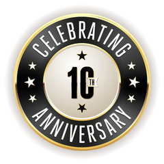 Black 10th anniversary badge with gold border on white background