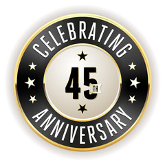 Black 45th anniversary badge with gold border on white background