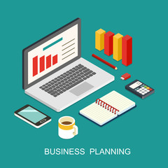 Business planning flat 3d isometric art modern design concept vector icons composition collage.