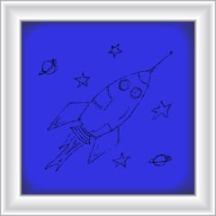 Hand drawn pen and ink style illustration of a space rocket