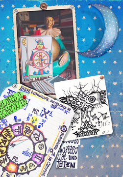 Background with collage and esoteric scrapbooks