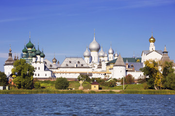 Fototapeta na wymiar Panorama Kremlin of Rostov the Great, view from the lake Nero, Russia