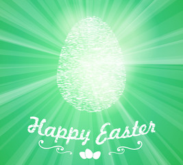 Easter white egg on green background with rays.