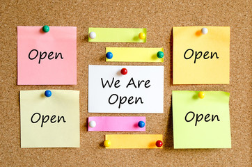 We are open sticky note text concept