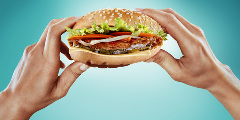 Fast food and diet. Hands hold the hamburger
