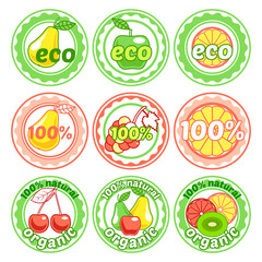 Set of round labels with fruits.