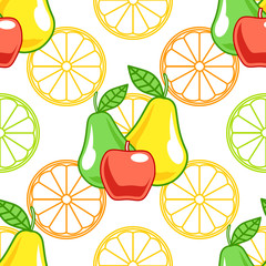 Seamless pattern with pear, apple and lemon in a flat style on a
