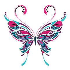Patterned colored butterfly. African / indian / totem / tattoo design. It may be used for design of a t-shirt, bag, postcard and poster. - 101505743