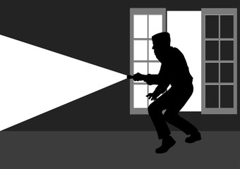 Silhouette illustration of a thief break into the house through window - obrazy, fototapety, plakaty