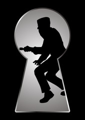 Silhouette illustration of a thief seen through a keyhole