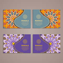 Ornamental colorful template for business card, flyer or banner with mandala. Vector ornamental mandala. Stylish geometric pattern in oriental style. Arabic, indian, pakistan, asian motif.