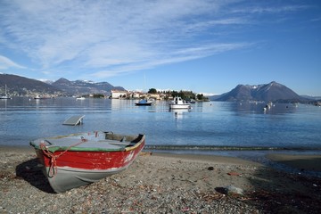 Lake Maggiore view to Isola Bella and the mountain Sasso del Ferro, Italy