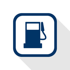 square dark blue icon fuel pump station with long shadow - symbol of benzine, oil, gas in flat design