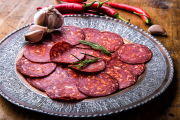 Sausage Chorizo. Spanish traditional chorizo sausage, with fresh herbs, garlic, pepper and chili peppers. Traditional cuisine.
