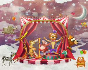 Illustration of cute circus  animals on stage in sky - illustration art 
