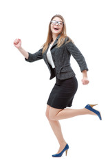 Running businesswoman. Full length of walking young woman in formalwear isolated on white.