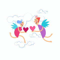 Valentine's Sketch Hand Draw Doodle Angels Couple Holding Heart