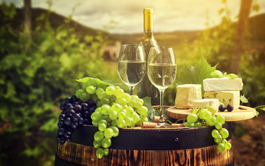 Fototapeta na wymiar Wine and vineyard in sunset