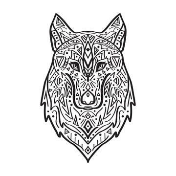Vector black and white illustration of tribal style wolf with ethnic ornaments. American indian motifs. Totem tattoo. Boho design.
