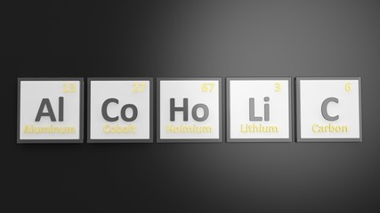 Periodic table of elements symbols used to form word Alcoholic, isolated on black