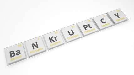 Periodic table of elements symbols used to form word Bankruptcy, isolated on white.