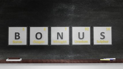 Periodic table of elements symbols used to form word Bonus, on blackboard