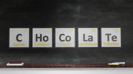 Periodic table of elements symbols used to form word Chocolate, on blackboard