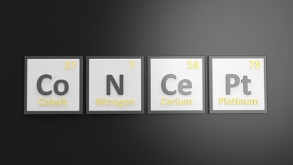 Periodic table of elements symbols used to form word Concept, isolated on black