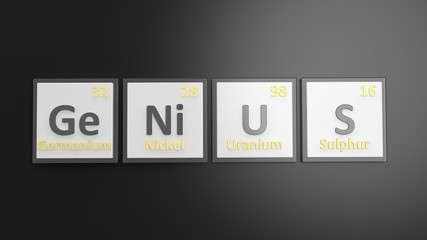 Periodic table of elements symbols used to form word Genius, isolated on black