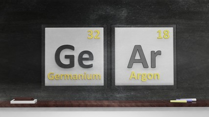 Periodic table of elements symbols used to form word Gear, on blackboard