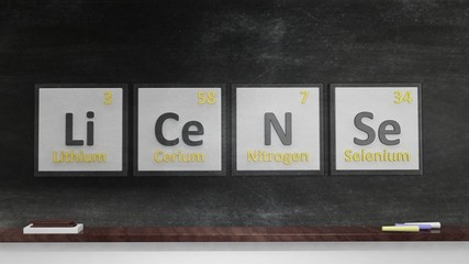 Periodic table of elements symbols used to form word License, on blackboard