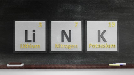 Periodic table of elements symbols used to form word Link, on blackboard
