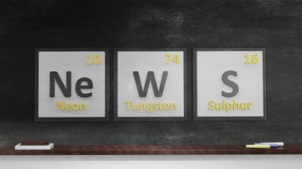 Periodic table of elements symbols used to form word News, on blackboard