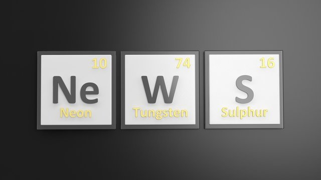 Periodic table of elements symbols used to form word News, isolated on black