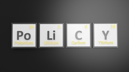 Periodic table of elements symbols used to form word Policy, isolated on black