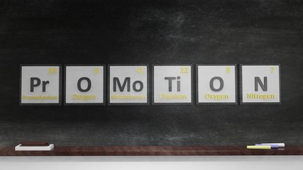 Periodic table of elements symbols used to form word Promotion, on blackboard