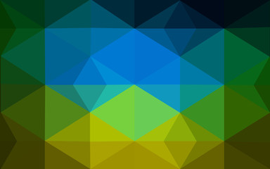 Multicolor dark blue, yellow, orange polygonal design pattern, which consist of triangles and gradient in origami style.