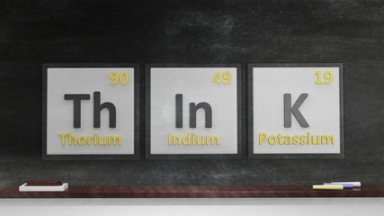 Periodic table of elements symbols used to form word Think, on blackboard
