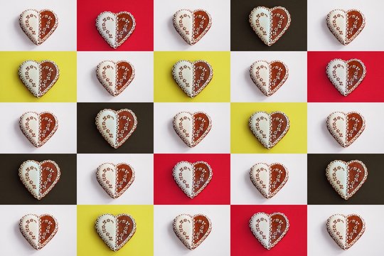 Sweet hearts collage - gingerbread cookies on a white, red, black and yellow background
