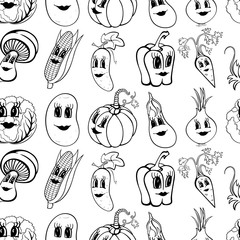 Set of 10 black and white funny cartoon vegetables